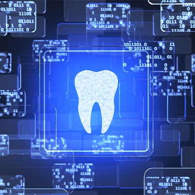 Animated tooth on computer screen representing advanced dental technology